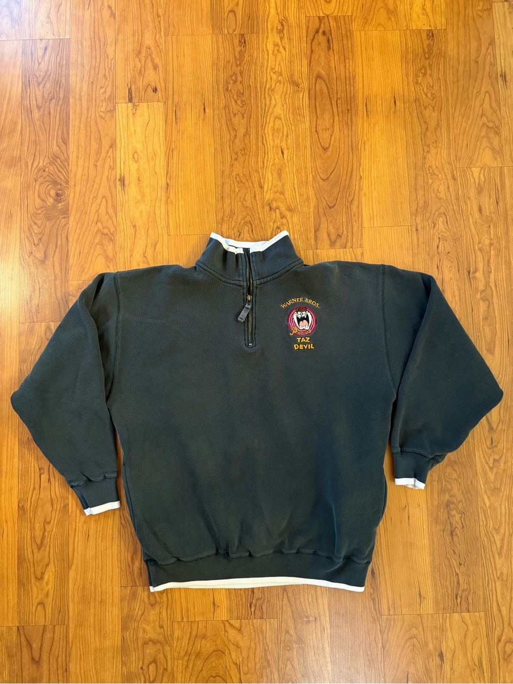 Looney Tunes/Warner Bros Medium Taz Green/White 1/4 Zip Sweatshirt, Vintage 90s